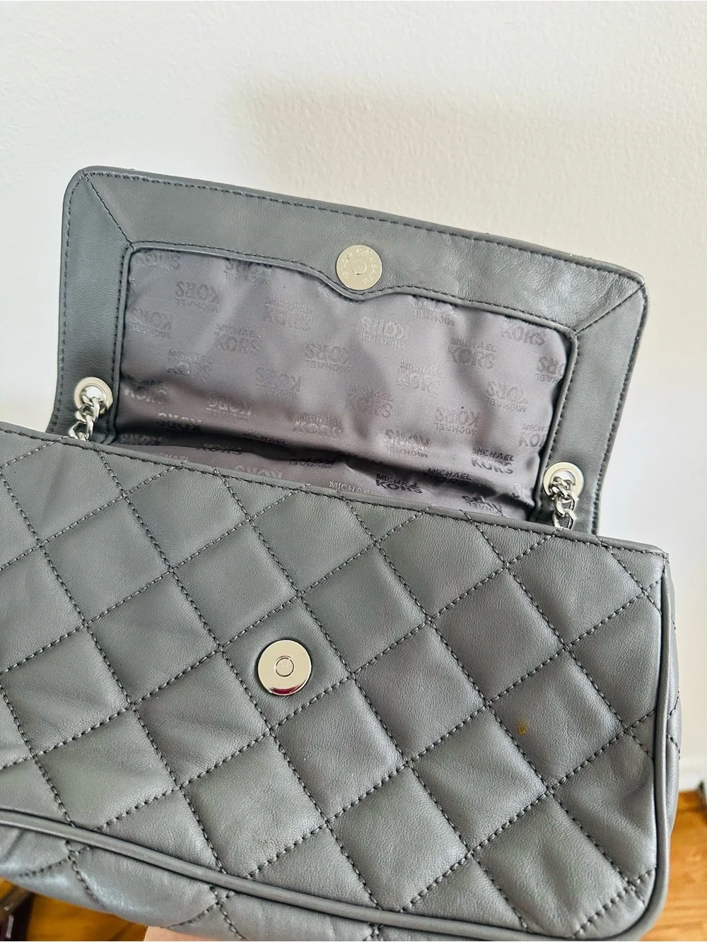Michael Kors Quilted Grey Leather Shoulder Bag with Chain Strap